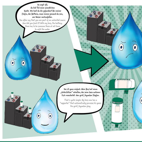 Comic about 2 water drops talking about the use of the Hoppecke Grid Aquagen stopper